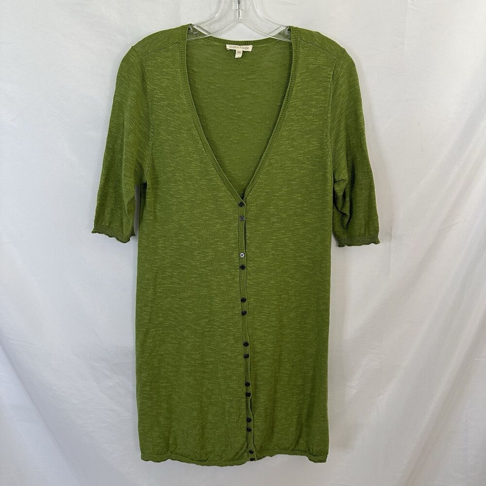 Eileen Fisher Cardigan Sweater SMALL Knit Button Down Short Sleeve Linen Green
